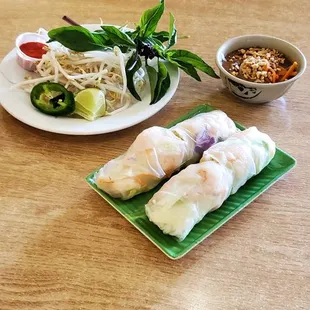 Shrimp only spring rolls with peanut sauce for dipping