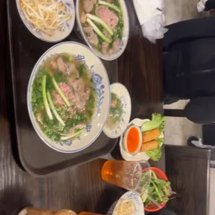 Coconut coffee, egg roll, kids combination pho, signature pho, egg and bone marrow