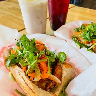 Teriyaki Tofu Bahn Mi, Pineapple Lavender Almond Milk and Strawberry Hibiscus Boba Teas! Run don't walk to Pho Square!