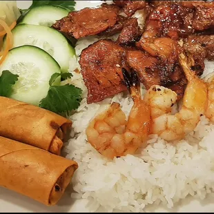 Rice Combo with Grilled Pork, Shrimp, and Eggrolls