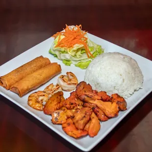 Rice Combo with Grilled Chicken, Shrimp, and Eggrolls