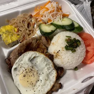 Broken rice special with pork chops, shredded pork skin, and steamed egg loaf. Worth trying!