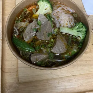 Spicy pho with beefsteak and meatball