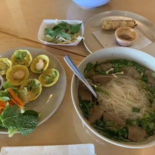 Beef meatballs Pho, mini shrimp pancakes, pork spring roll