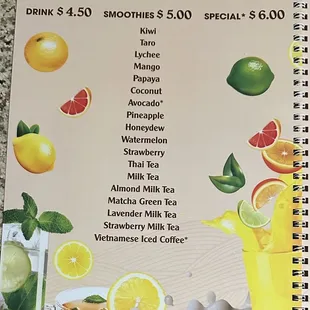 a menu for drinks and smoothies