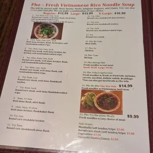 Pho Menu