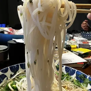 a person holding chopsticks above a bowl of noodles