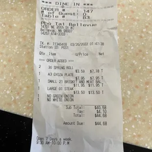 the receipt for the restaurant