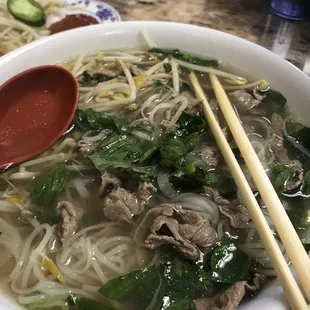 Pho Tai with basil and bean sprouts