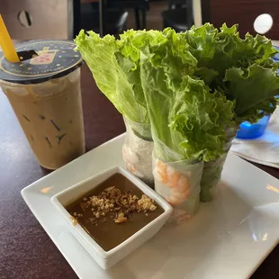 B11. Vietnamese iced Coffee & A4. Fresh Spring Rolls with Pork and Shrimp