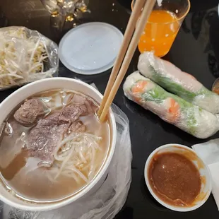 Kid&apos;s pho and two spring rolls.