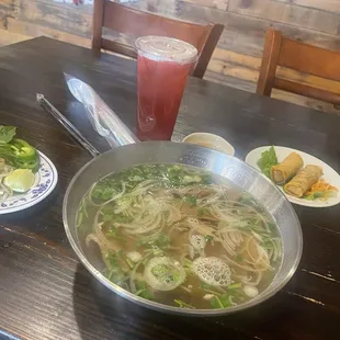 Beef Pho with fried egg rolls