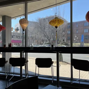 a view of a street through a window