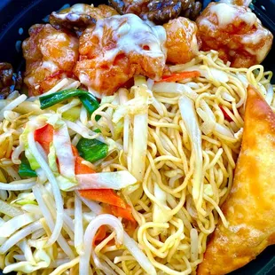 7-1-24 we have here, honey, walnut prawns with vegetable chow mein, and a crab cream cheese puff.