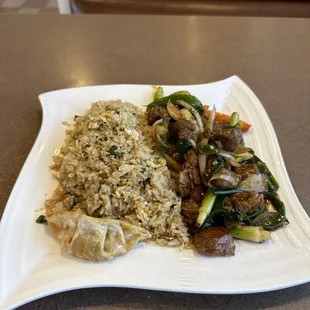 Mongolian beef with fried rice and potsticker lunch special