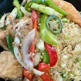 7-1-24 Pho tasty coming thru! OK we have hair salt and pepper, tofu lunch special with fried rice and extra jalapeños. Delicious.