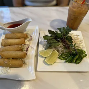 Veggie Vegetable Egg Roll and thai tea