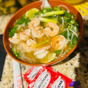 Vegetable Pho with Beef Broth...I used my own shrimp at home.