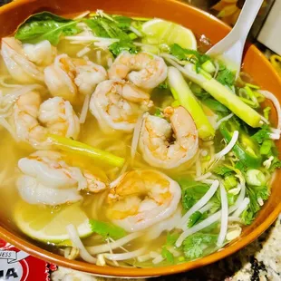 Vegetable Pho with Beef Broth...I used my own shrimp at home.