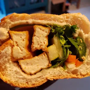 Interior view of banh mi dau hu ($7), vegan by omitting butter &amp; pate. Bland.