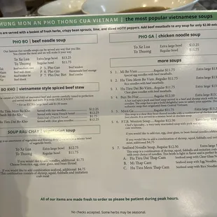 Menu, pho, bun Bo hue