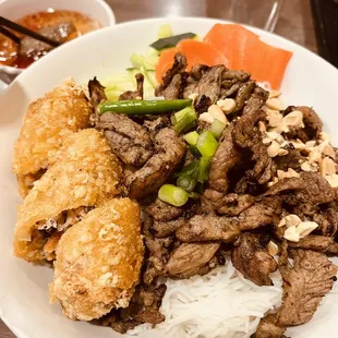 a plate of beef and rice