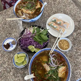 Bun bo hue and spring rolls