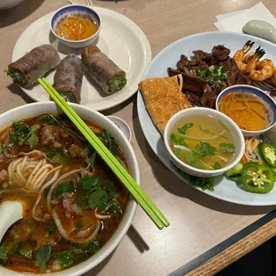 Bun bo hue, grilled pork spring roll, and rice plate (#53)