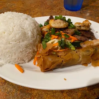 54. Grilled Shrimp, Pork and Egg Roll Rice Plate