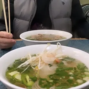 Pho soup with beef and pho soup on veggie broth with shrimp