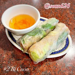 No.2 Bi Cuon (spring rolls with shredded pork, vermicelli, lettuce, mint, and sprouts wrapped in rice paper).