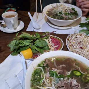 Hot coffee with condensed milk and #14 special rice noodle soup
