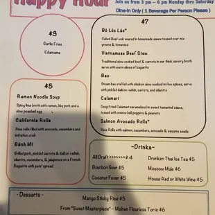 Happy Hour 3 to 6. Delicious Ramen. Banh Mi is good too. Sorry about the shadow, odd lighting in here right now.