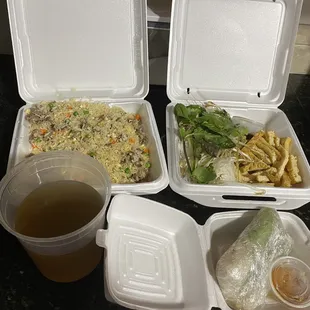 Beef fried rice, tofu pho, and tofu spring rolls