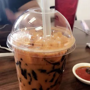 Thai tea with grass jelly. Yum!