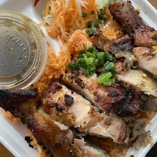 chicken and rice in a styrofoam container