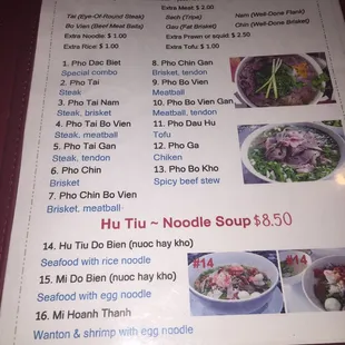 Pho menu