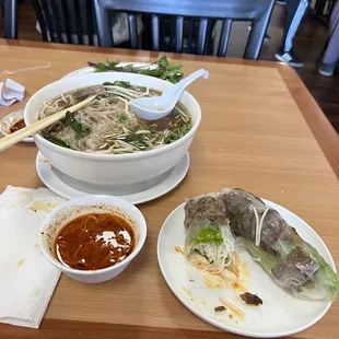 Pho Tai with Meatballs and Pork Spring Rolls.