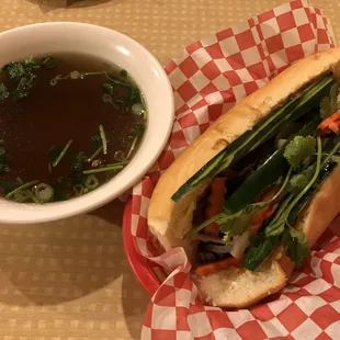 Stir fried beef bánh mì and pho broth