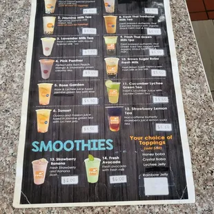 a menu for smoothies
