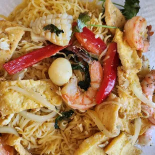 Calamari,  shrimps,  fish balls,  tofu padthai is satisfied palate $16.99 after tax $18.58. Happy Sunday 6/30/24