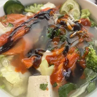 Vegan pho w/ Sriracha, Hoisin sauce