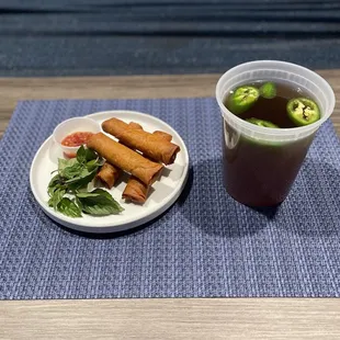Pork Egg Rolls and Bowl of Beef Soup (to-go)