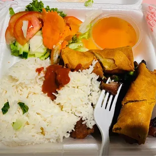 Grilled pork over rice with eggrolls