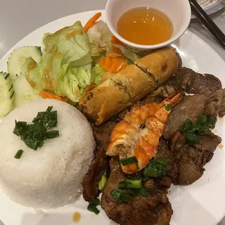 115. Grilled Shrimp, Grilled Pork, Egg Roll over Rice