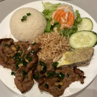 118. BBQ Pork Slice, Shredded Pork Skin, Egg Cake over Rice