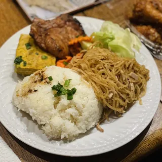 120. Grilled Pork Chop, Shredded Pork Skin, Egg Cake Over Rice