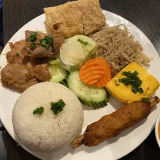 128. Bbq Chicken, Bean Curd Wrapper Shrimp Paste, Shredded Pork Skin, Egg Cake, Grilled Shrimp Over Rice