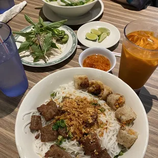 Bun Thit Nuong, Thai Tea, and Vegetable Pho