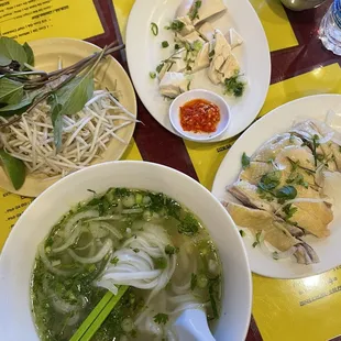 Chicken pho with dark &amp; white meat. The broth is simple &amp; clean. Fresh big rice noodles.
